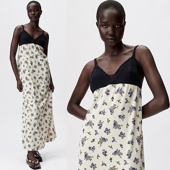 NWT ZARA Floral Satin Sleeveless V-Neck Crochet Bodice Empire Waist Slip Dress S - Picture 2 of 8